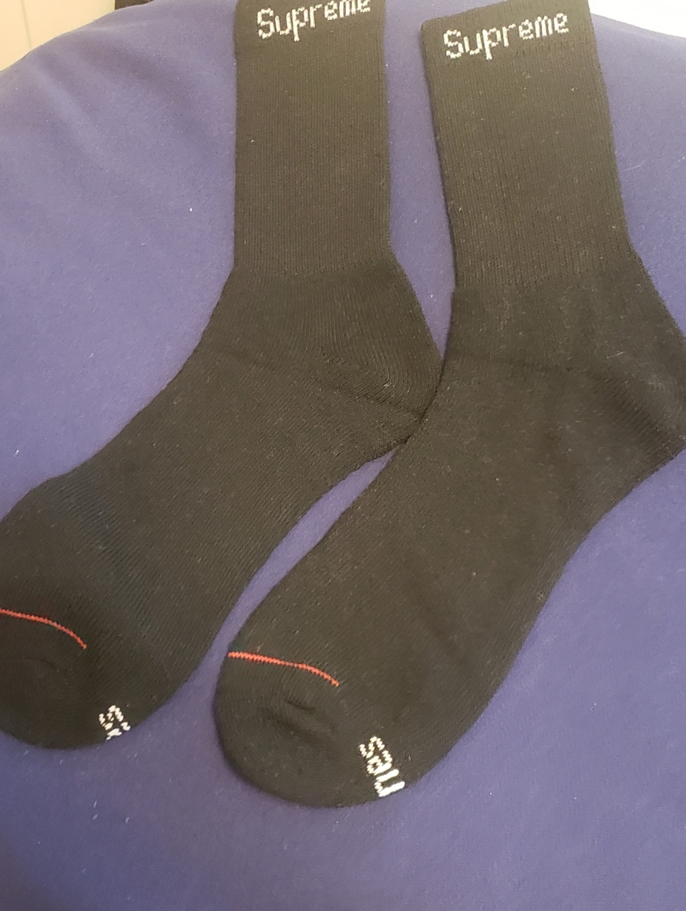 Supreme Black Socks with White Logo and Red Toe Stitch